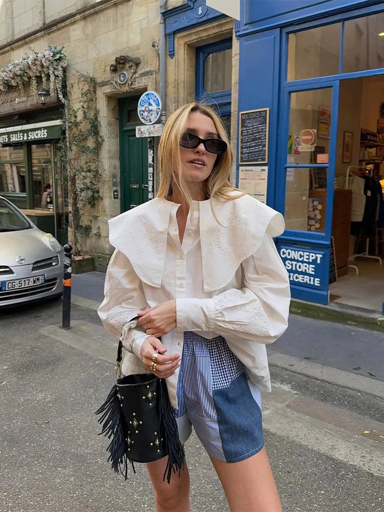 Camisas de moda para mujer con bordado blanco y solapa grande