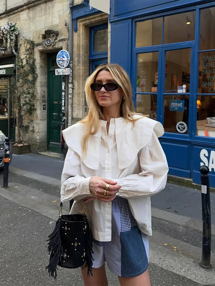 Camisas de moda para mujer con bordado blanco y solapa grande