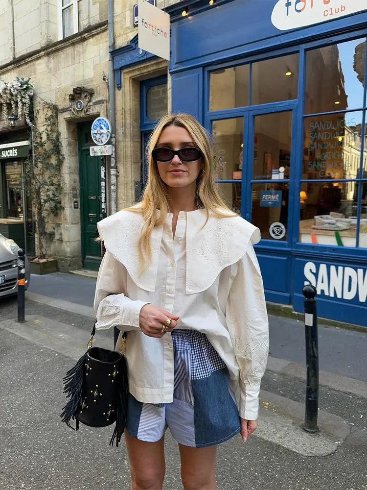 Camisas de moda para mujer con bordado blanco y solapa grande