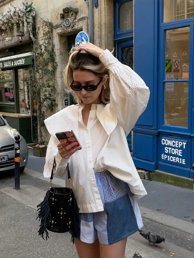 Camisas de moda para mujer con bordado blanco y solapa grande